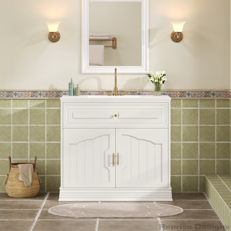 Armoire de meuble-lavabo 36 po avec lavabo en céramique, portes à fermeture douce, Blanc