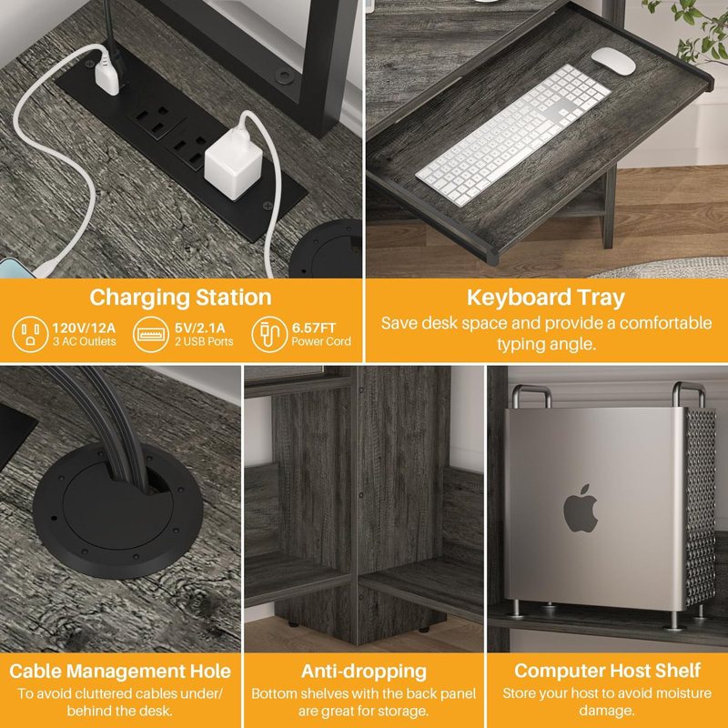 Meridel 29.5'' W Corner Computer Desk with Storage, Power Outlets and LED Lights, Grey