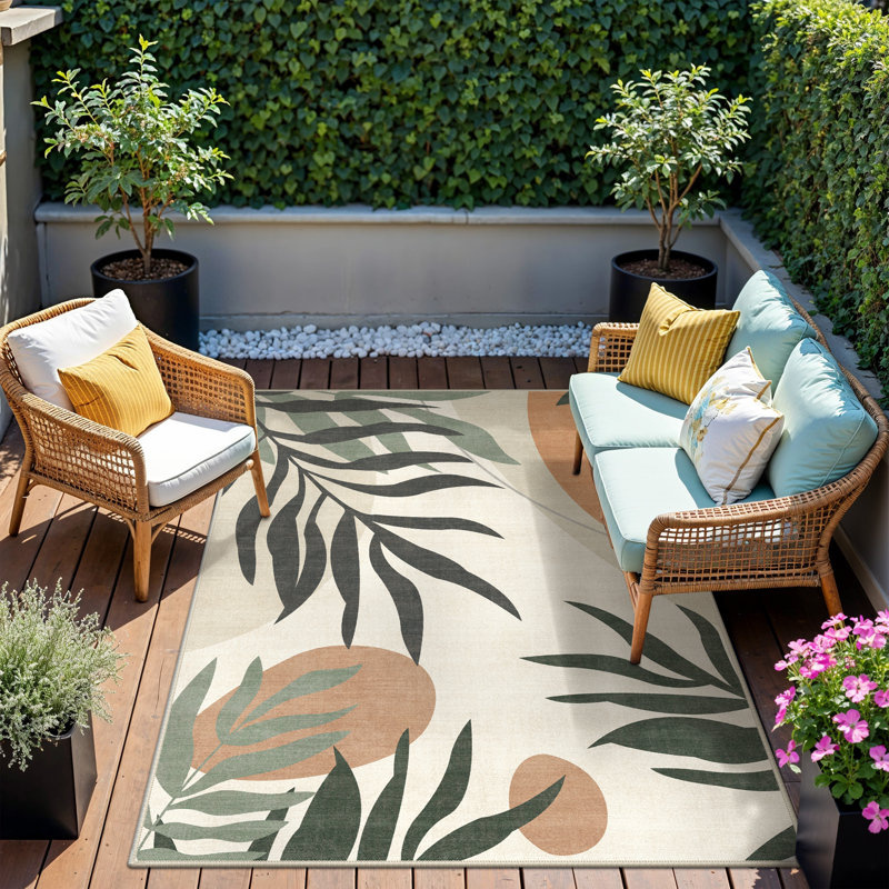 Leaf Neutral Low-Pile Chenille Indoor/Outdoor Area Rug, Rectangle 9' x 12'