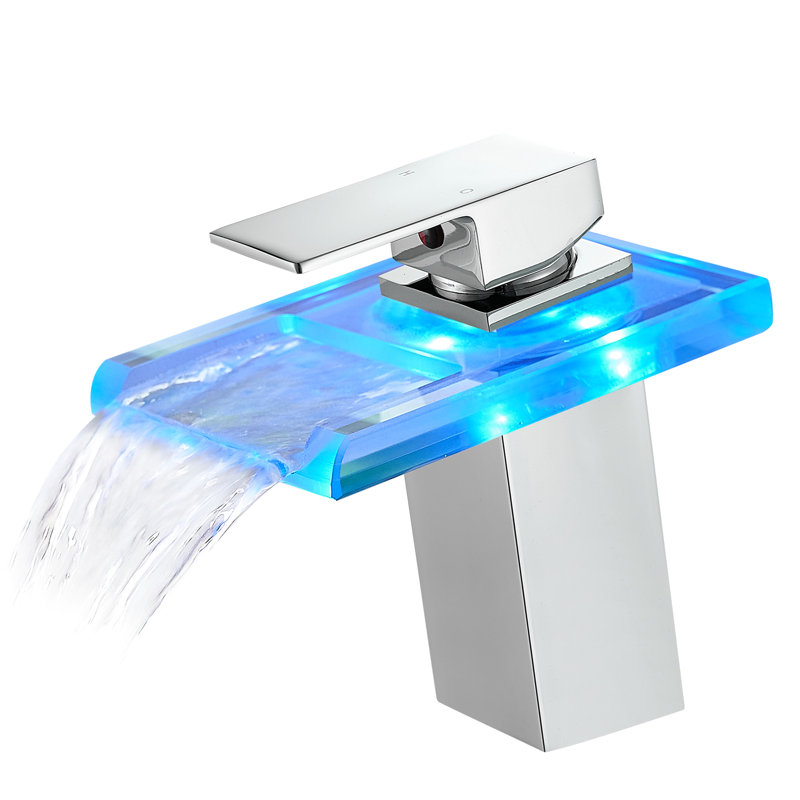 Led Bathroom Tap: 3 Colors Waterfall Spout, Deck Mounted, Single Handle, Hot Cold Water Mixer, Brass Inner Contemporary Faucet With : Hole, & Mixer