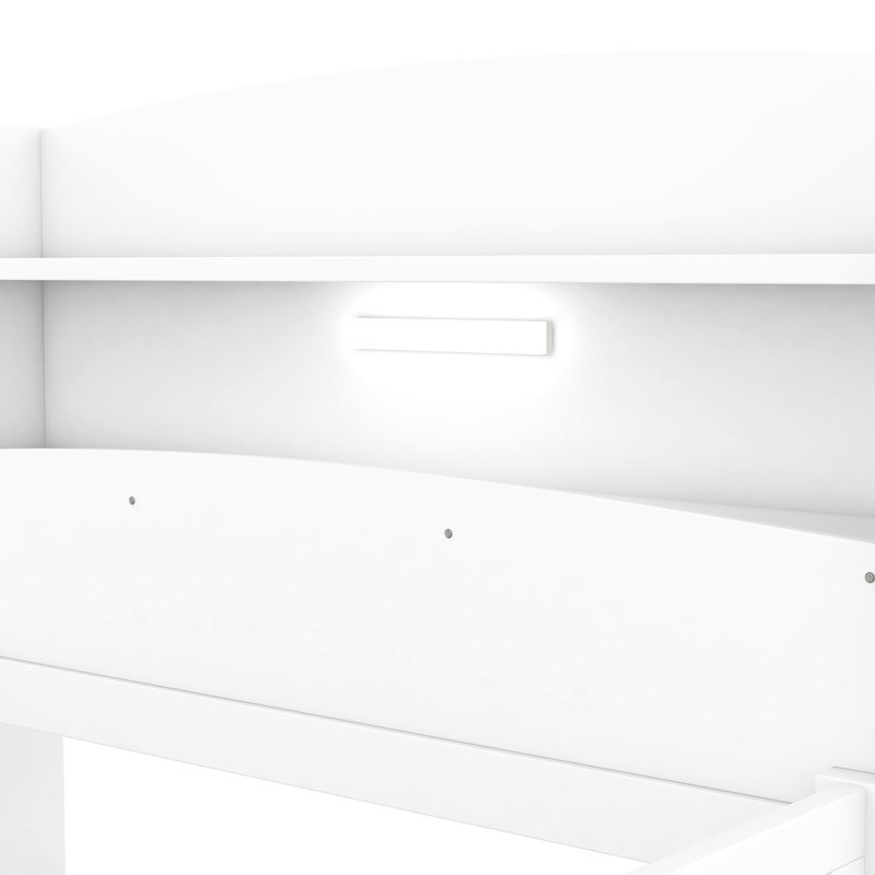 Lit plateforme simple en bois avec tête de lit avec rangement, DEL et garde-corps, blanc - DEL pratique confortable, tête de lit et garde-corps de couleur