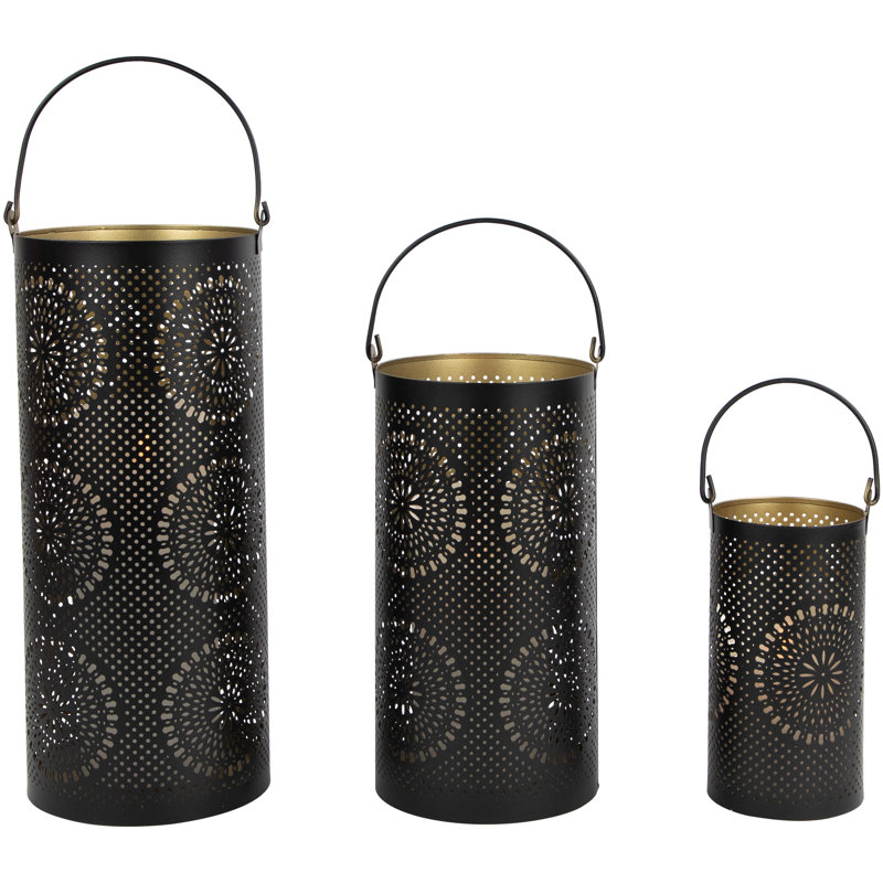 Set of 3 Decorative Floral Cut-Out Pillar Candle Lanterns 12.5", Matte Black/Gold