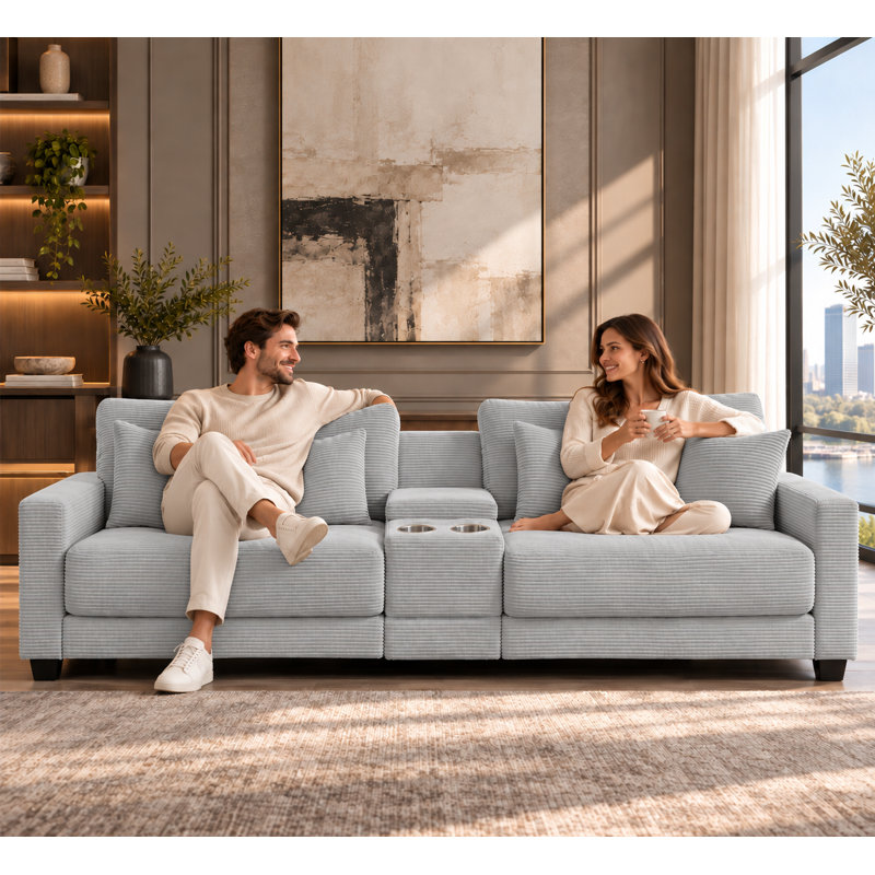 Cottie 111.8" W 3-Piece Reversible Corduroy Sectional, Gray Corduroy