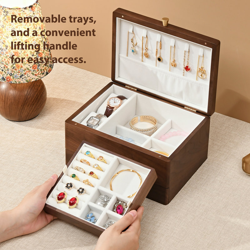 Black Walnut Wooden Jewelry Box for Women, 3 Layer Organizer with Drawer