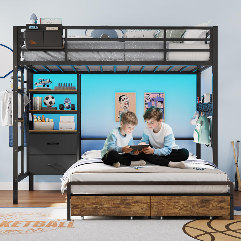 Twin Over Full Bunk Beds Bunk beds with a twin-size upper bunk and a full-size lower bunk, each equipped with 4 storage drawers and 3 open shelves; metal bunk beds with LED lights, charging stations, and wall hangings; L-shaped bunk beds with safety rails and ladders.
