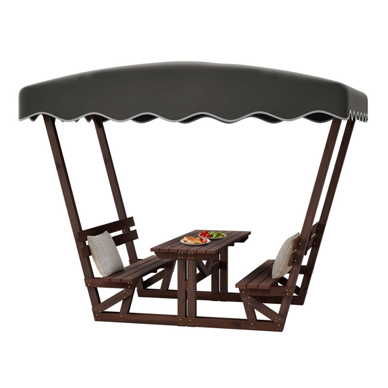 5'x3' Outdoor Wooden Patio Gazebo, Waterproof Oxford Canopy with Backrest Bench, Breathable Tabletop & Rust-Resistant Frame for Garden Deck
