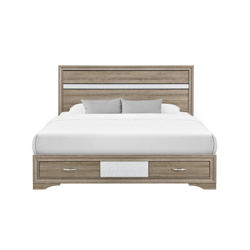 Structure de lit très grand à finition naturelle avec deux tiroirs de rangement et décorations scintillantes décoratives pour la chambre à coucher