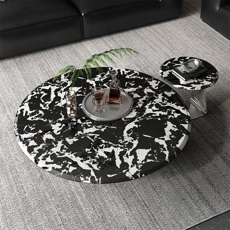 Table basse italienne ronde en marbre, Noir, noir, noir, noir, H 14,6 po x L 39,4 po x l 39,4 po