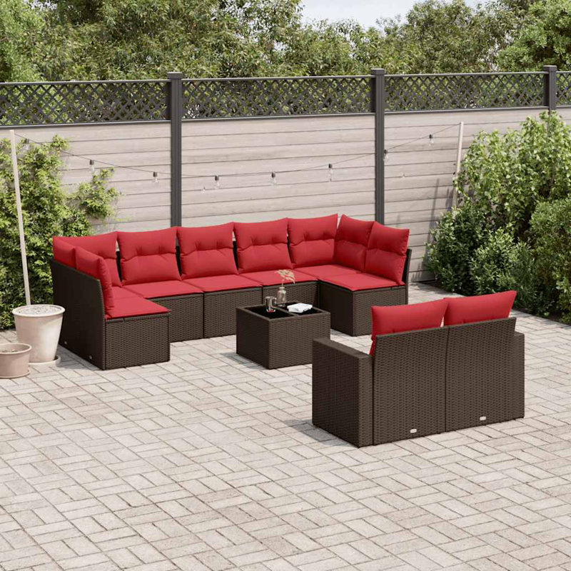  Ensemble de canapé de patio 10 pièces avec coussins en rotin de polyester brun (États-Unis seulement), Rouge, Brun