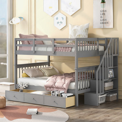 Stairway Full-Over-Full Bunk Bed With Drawer, Storage And Guard Rail For Bedroom, Gray (OLD SKU: LT100310AAE)