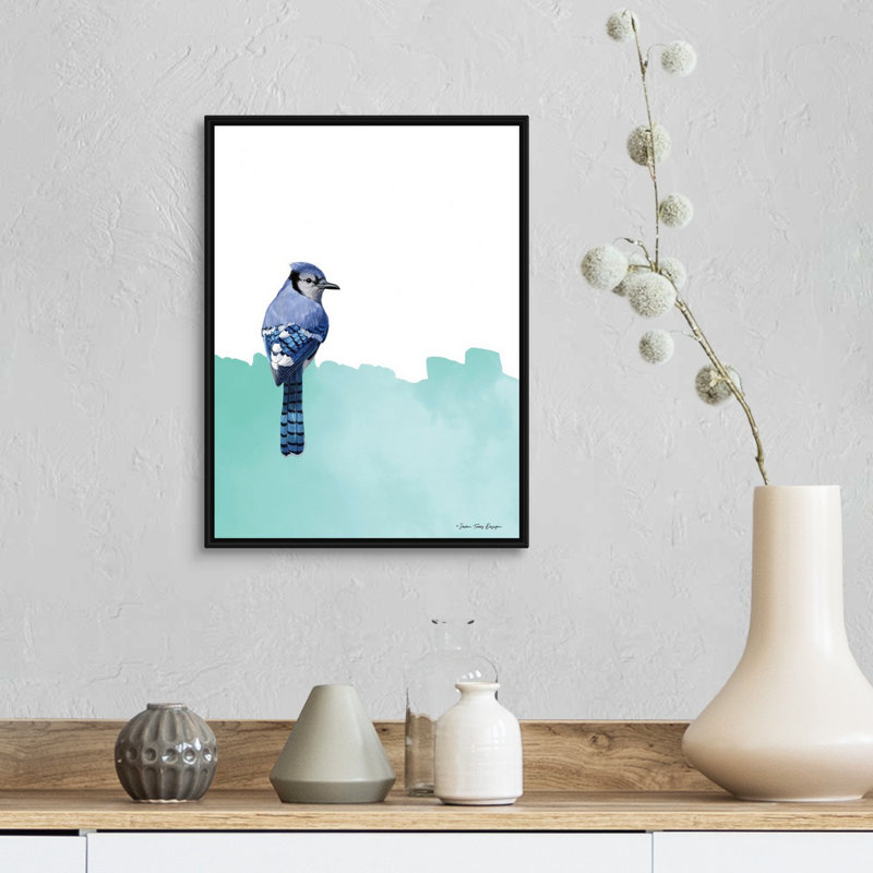 Oiseau sur bleu-reproduction d’art sur toile, H 18 po x l 14 po x P 1,75 po, Cadre noir