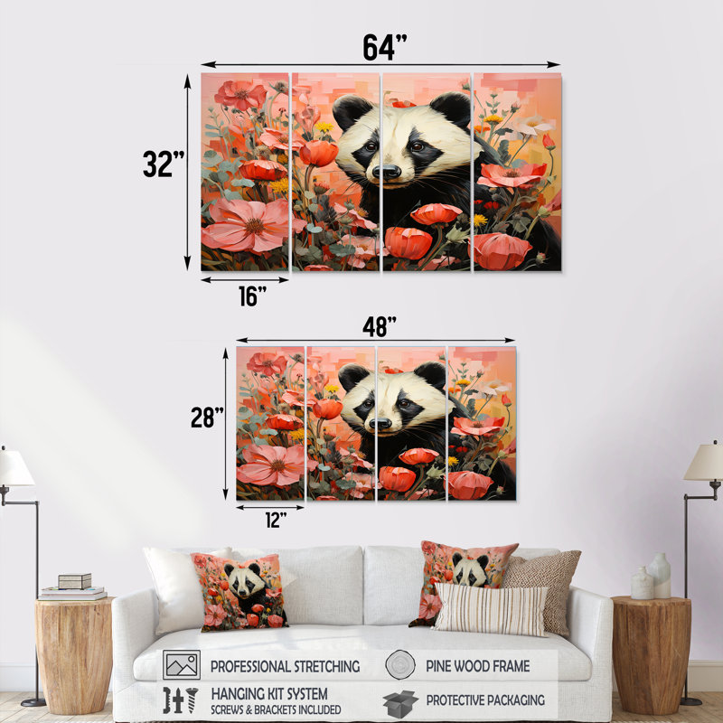Panda Blooms Meadow - Ensemble de 4 décorations murales Panda, H 32 po x l 64 po