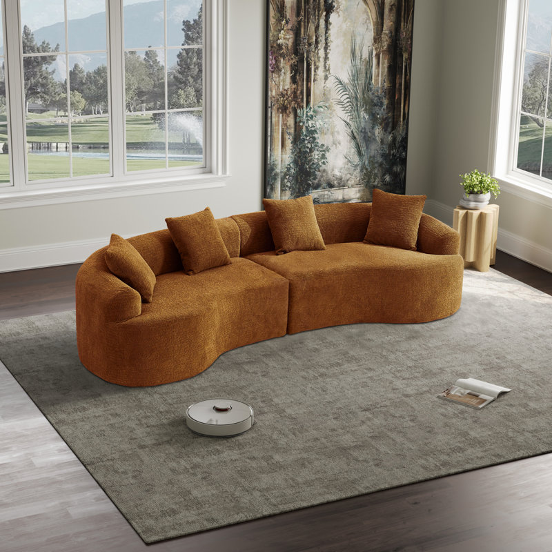 Chenille Boneless Curved Sofa, Left-right Symmetrical Design, Luxurious 4-seater Living Room Sofa, Orange