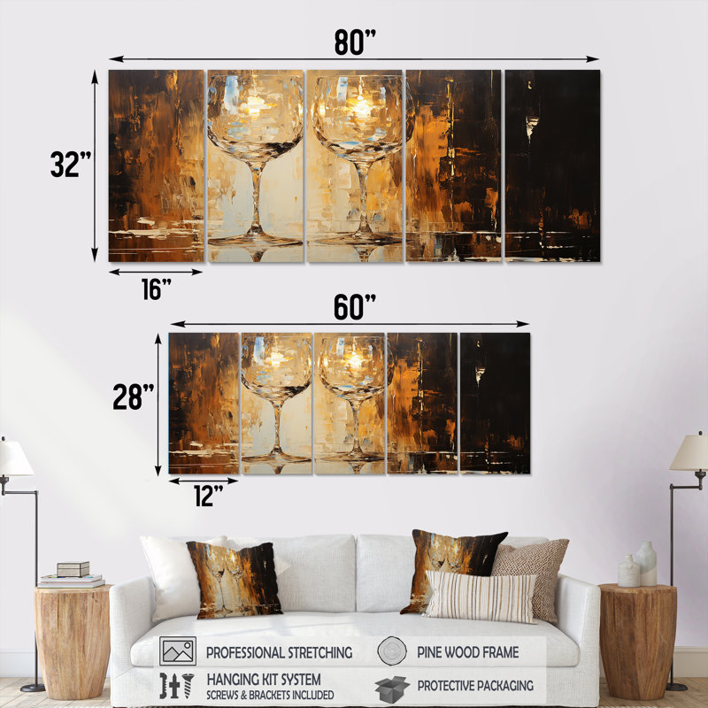 Or et blanc bulles de verre champagne - art mural 5 pièces champagne pour le salon, H 32 po x l 80 po