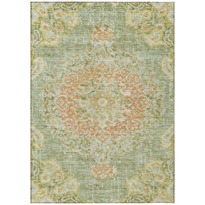 3' X 5' Artichoke Green Floral Medallion Washable Indoor Outdoor Area Rug