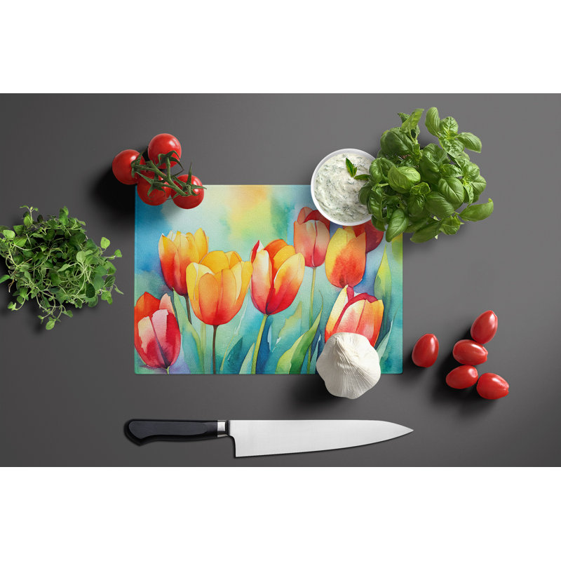 Tulipes dans une grande planche à découper en verre aquarelle