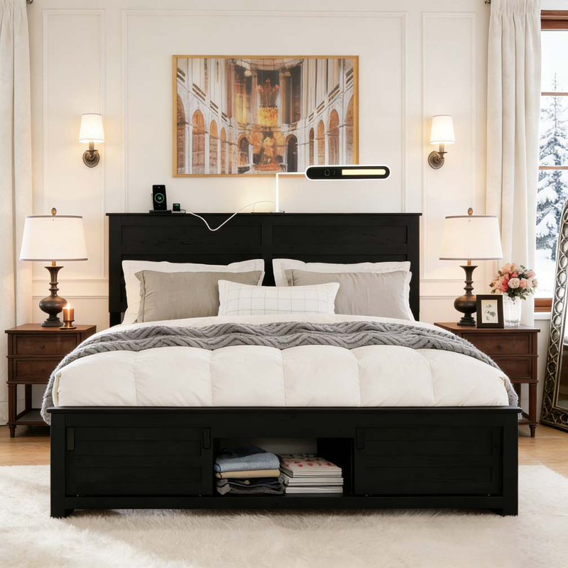 Full Bed Frame with Upholstered Headboard and Wood Platform, Antique White, Full