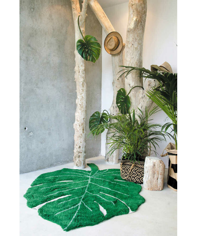 Green Monstera Leaf Hand-Knotted Cotton Area Rug