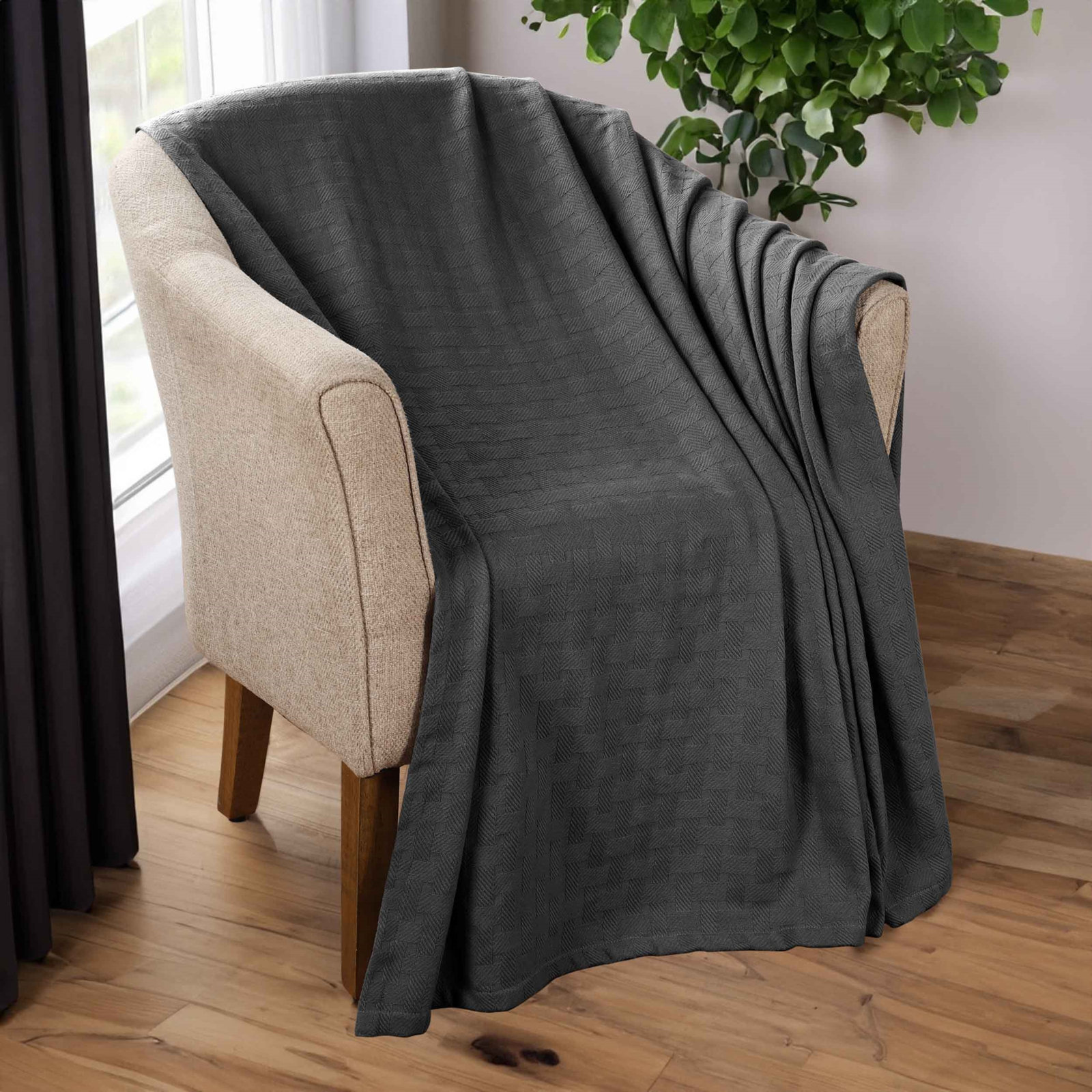 Bertie Cotton Machine Woven Throw Blanket, Charcoal, Throw