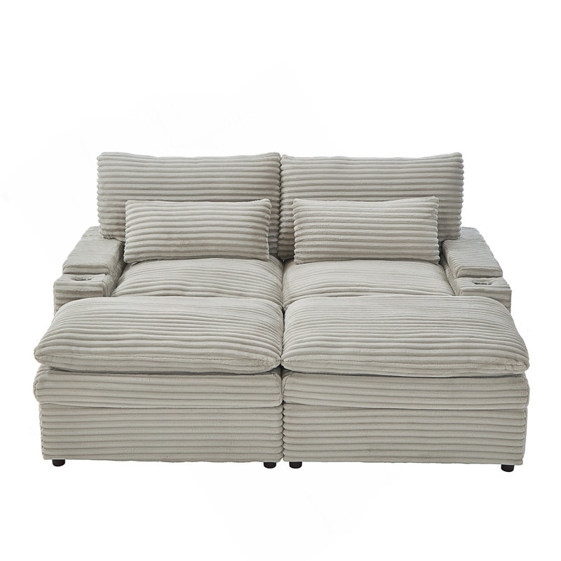 Canapé-lit modulaire à combinaison libre 70,9 po avec causeuse avec espace de rangement, deux repose-pieds mobiles, quatre ports USB et deux porte-gobelets