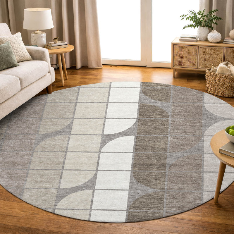 Premium Machine Washable Mayfield AMF2418 Geometric Rug, Taupe, 8' Round