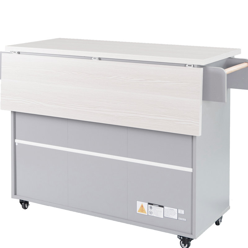 Îlot de cuisine gris avec rangement pour poubelles, tiroirs, armoires, roues mobiles et bac à roulettes à pieds fixes, abattant, tablettes réglables, pratique