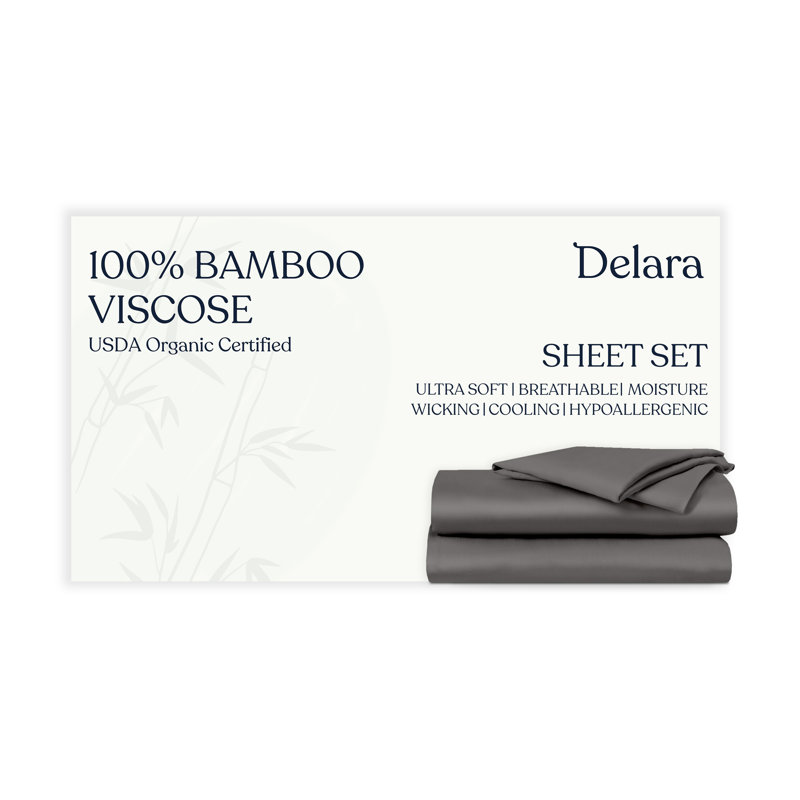 Ensemble de draps Delara 100% en viscose dérivée de bambou, Ensemble de draps double / double avec 2 taies d'o, Gris