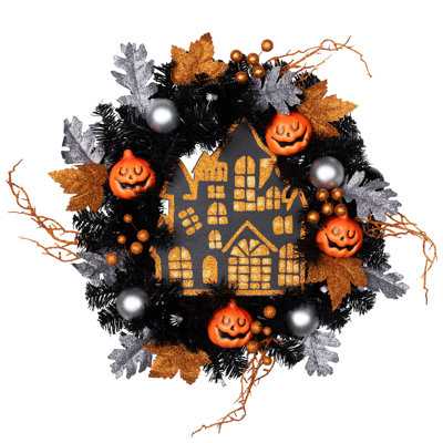 Orange and Black Haunted House Halloween Wreath 24-Inch Unlit