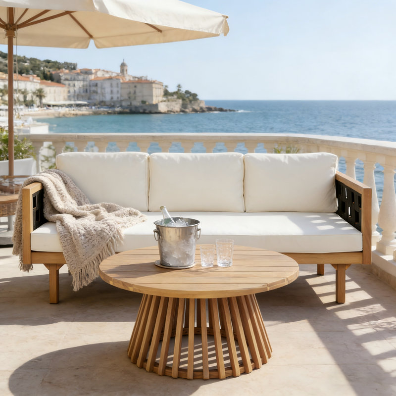 Clovelly Outdoor 2-Piece Acacia Wood Conversation Set With Woven Rope & Cushions, Beige