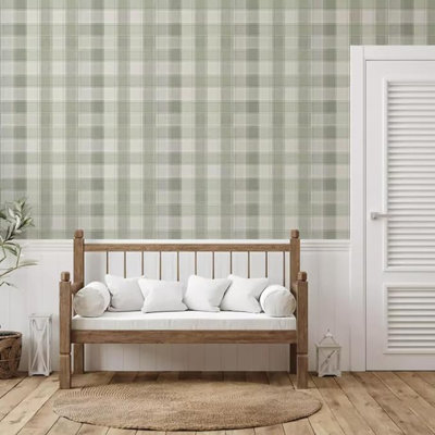 Hance Textured Sage Green Straight Style Wallpaper 10m x 53cm Roll