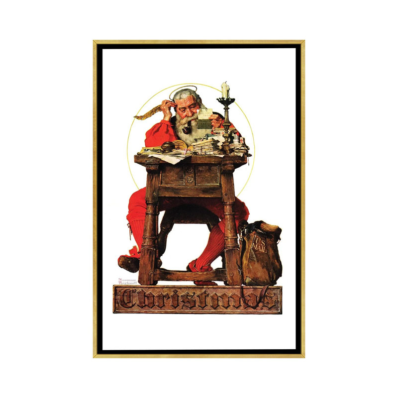 Père Noël à son bureau - impression d'art mural , H 26 po x l 18 po, Impression encadrée sans passe-partout, Doré