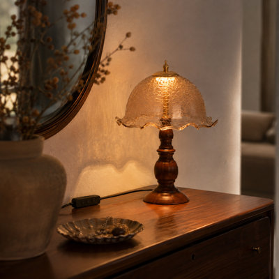 12.4" Walnut-Finish LED Table Lamp with Crackle Acrylic Shade, 3-Color Light & USB Power