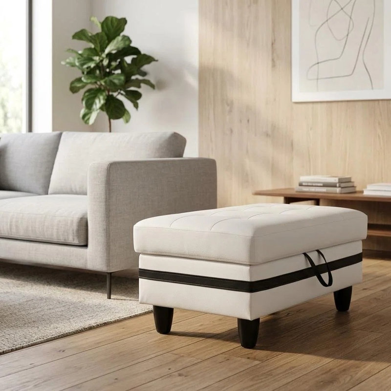Repose-pieds de rangement en cuir synthétique noir et blanc à deux tons 33,5 pouces