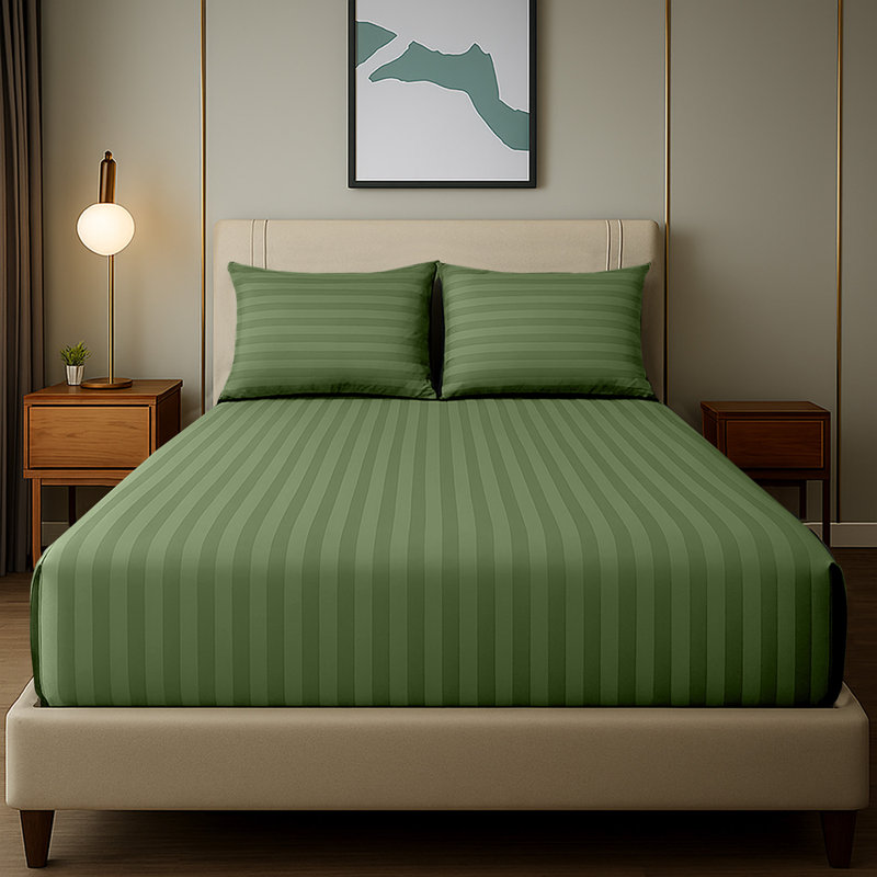Soft & Cozy 40cm Extra Deep Pocket Microfiber Striped Fitted Sheet, Kingsize (5'), Olive Green