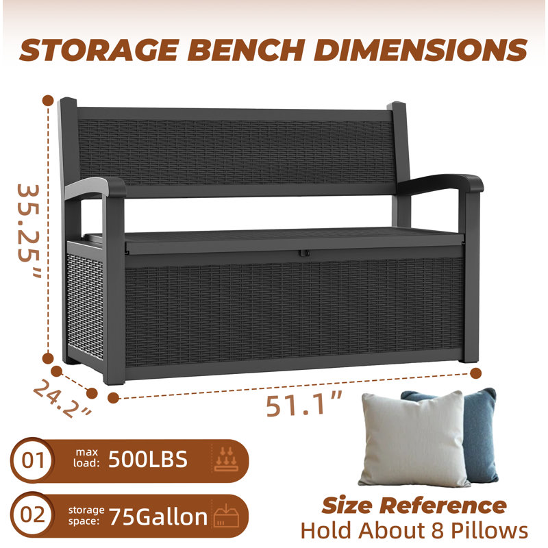 75 Gal Resin Rattan Lockable Outdoor Storage Bench For Patio, Garden, Porch - Weather-Resistant, Uv-Protected, Hidden Storage
