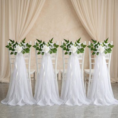 4 fleurs artificielles pour dossier de chaise de mariage, décoration de roses artificielles, décoration d'allée de mariage, décoration de chaises de banc avec rubans pour la cérémonie