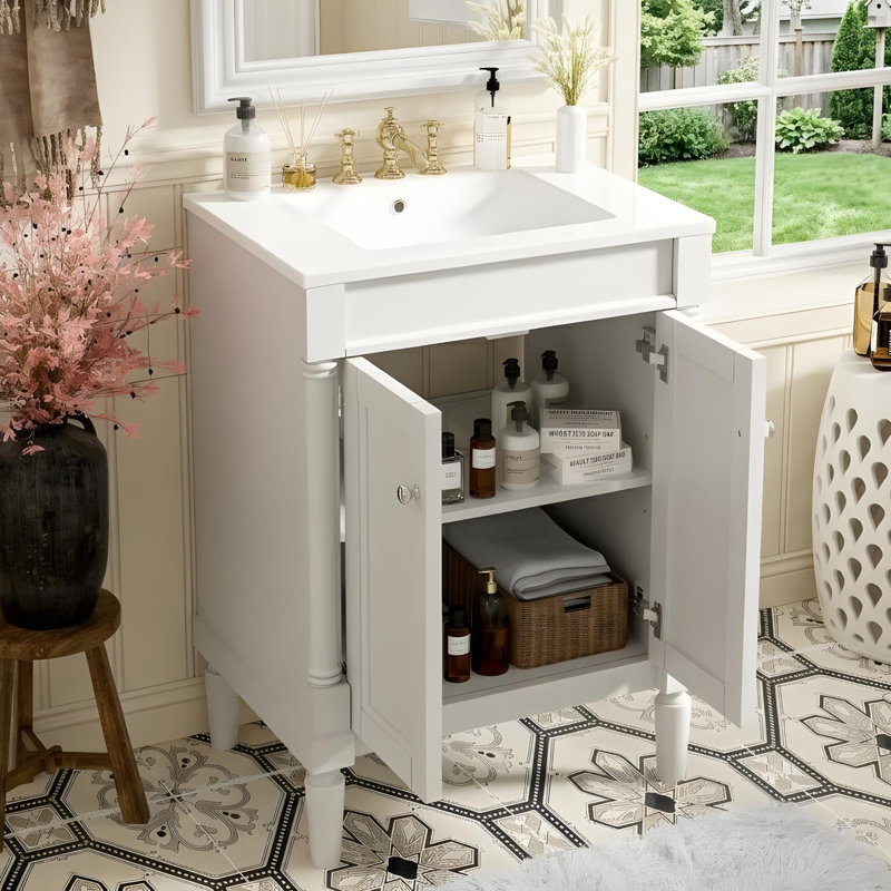 Meuble-lavabo moderne avec lavabo en céramique et armoires de rangement à deux niveaux, Blanc