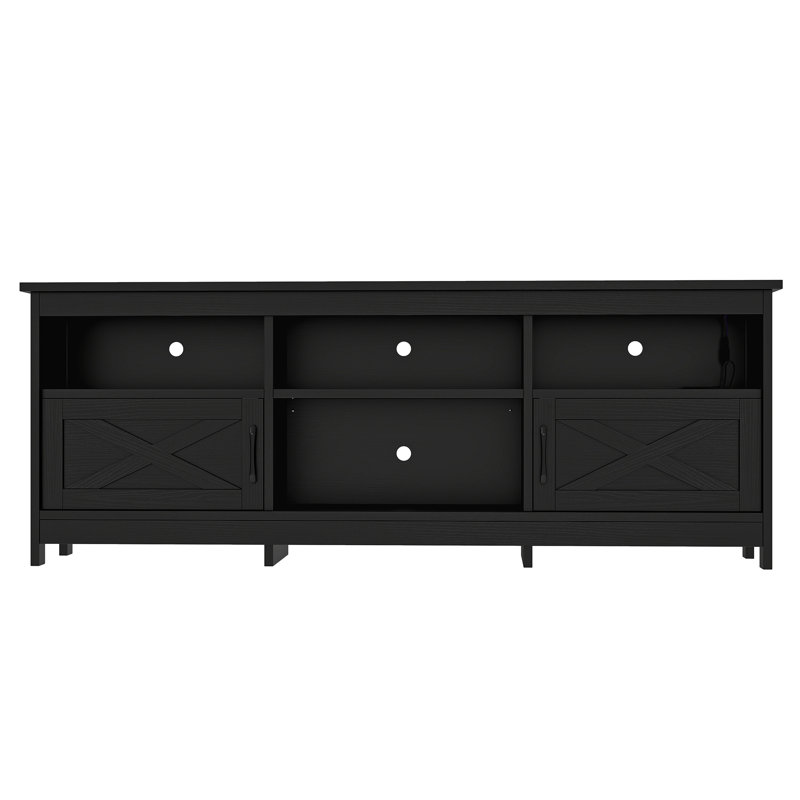 Farmhouse TV Stand For Up To 80 Inch Tvs With LED Lights, Storage Cabinets, Open Shelves & Adjustable Shelf, Black
