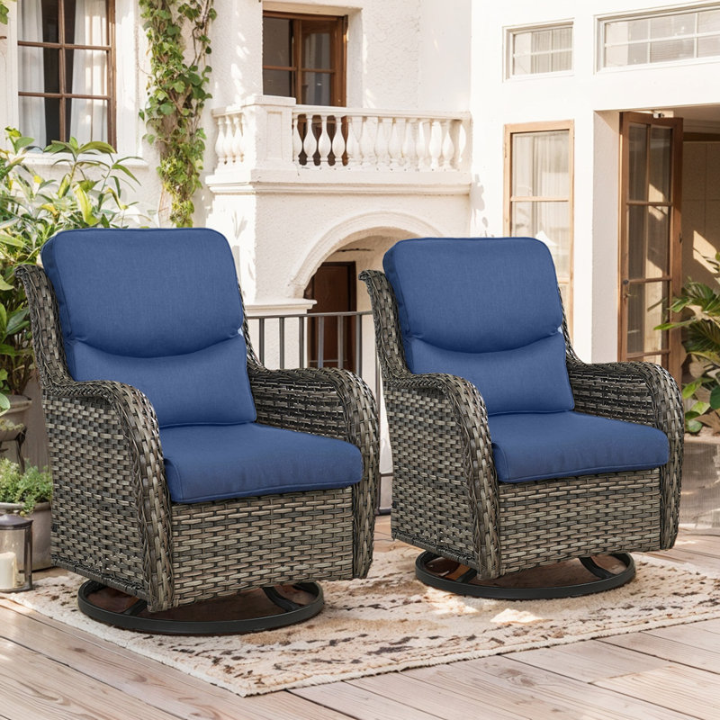 Koba Outdoor Wicker Rattan Rocking Swivel Chair (Set of 2), Blue, Gray