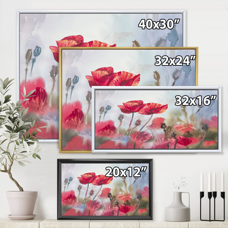 Blossoming Poppies in the Meadow - peinture sur toile, H 30 po x l 40 po x 1,5 po, Cadre flottant blanc