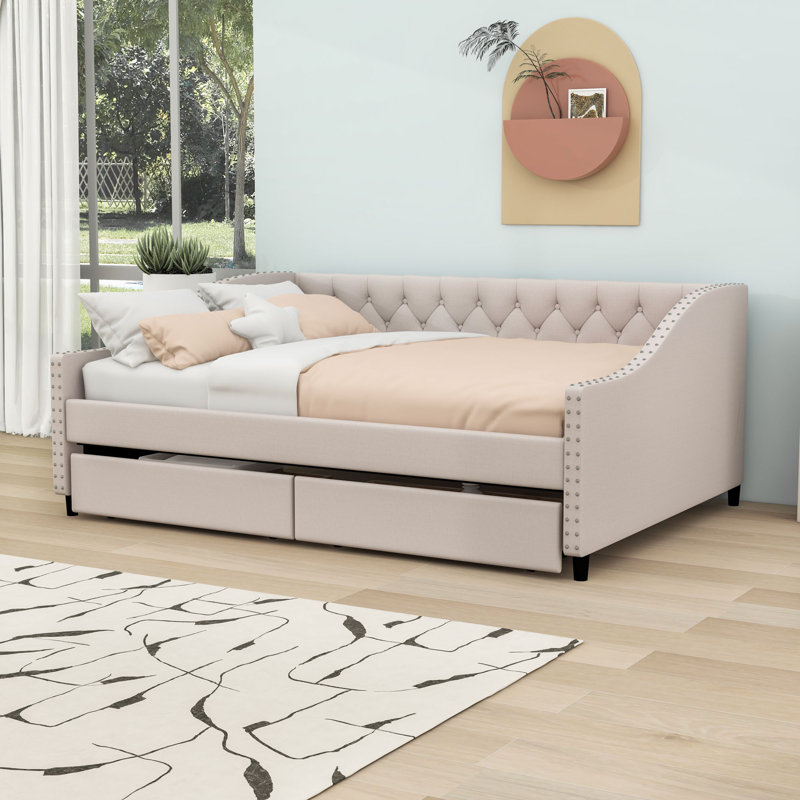 Full Size Linen Upholstered Daybed with Two Drawers, Beige