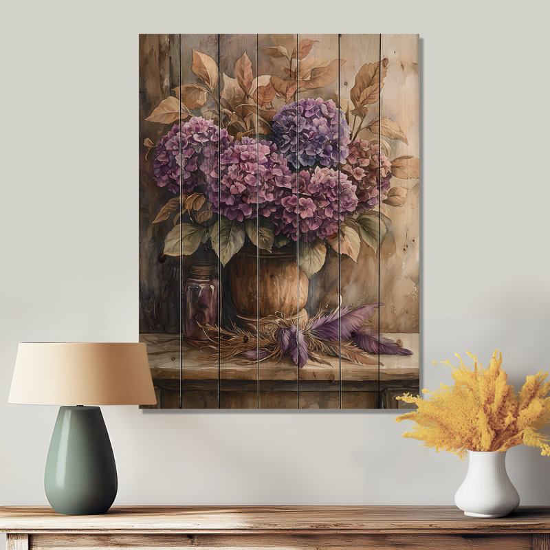 Hortensias avec plumes - décoration murale en bois d'hortensias - sur bois de pin naturel, H 20 po x l 10 po x P 0,78 po