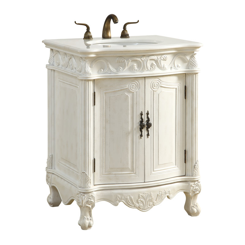 Aurillac 27'' Single Bathroom Vanity with Marble Top, Guangxi White, Antique White