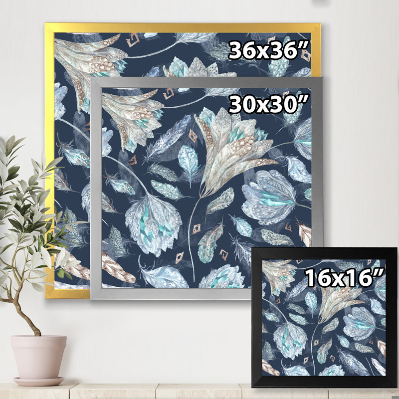 Motif botanique bleu marine - Peinture sur toile encadrée, H 36 po x l 36 po x P 1,5 po, Cadre noir