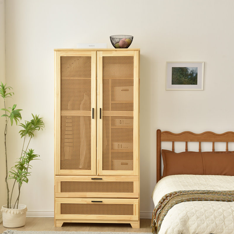 Armoire en rotin massif avec 2 tiroirs, Naturel