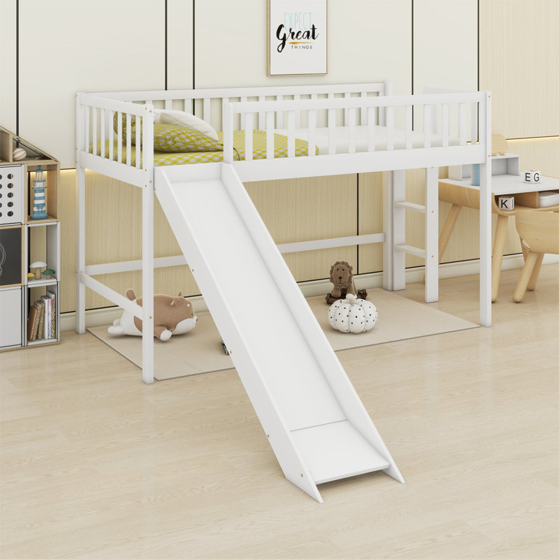 Low Loft Bed With Ladder And Slide, White
