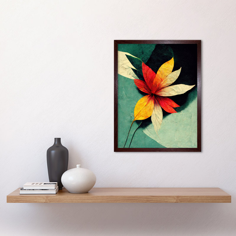 Abstract Flowers Teal Red Yellow - Single Picture Frame Print, Brown Framed Unframed, 43cm H x 33cm W x 2cm D