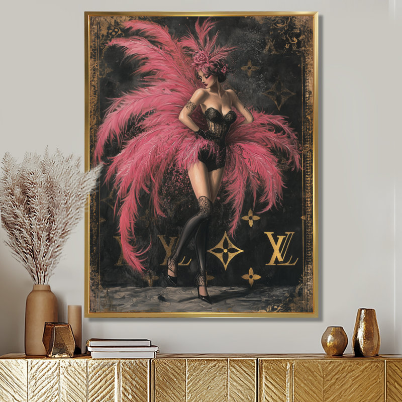 Déesse cabaret rose à plumes roses - salon art mural femme, Cadre flottant doré, H 20 po x l 12 po