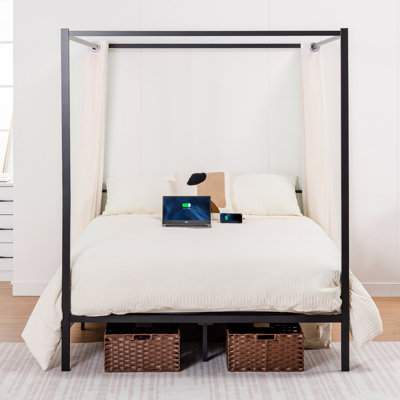 Canopy Bed Frame, Metal Bed Frame With Movable Charging Station, Four-Poster Canopy Bed With Built-In Headboard And Under Bed Storage Space, No Box Spring Needed, Easy Assembly, Black