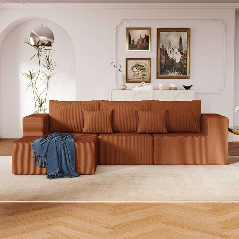 Canapé modulaire contemporain en L de 108,3 po avec méridienne et canapé modulaire, Brun-roux